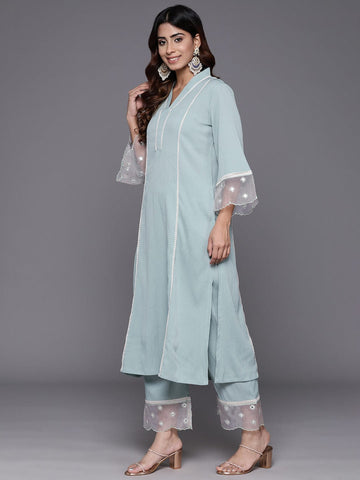 Varanga Women Sea Green Organza And Lace Detailed Kurta Set